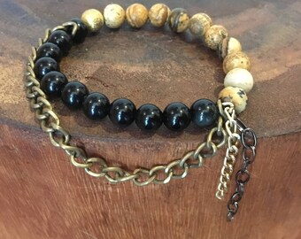 Picture Jasper and Black Onyx Obsidian Beaded Bracelet. Stacked gemstone bracelet.