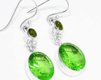 Sterling Silver Peridot Earrings, Silver Earrings, Peridot Earrings, Oval, 2-Stone .925 Sterling Silver Earrings 2"x0.5" (With Hook)