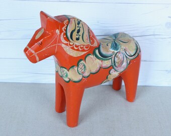 Vintage Very Large Swedish Folk Art Orange Dala Horse, Vintage Swedish Dala Horse Souvenir (Inventory #1)