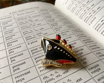 Vintage Enamel Cruise Ship Pin Brooch with Rhinestones