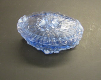 Vintage Blue Slag Glass Trinket Dish and Lid
