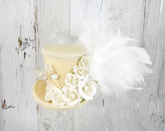 Pale Yellow, Cream, and White Paper Flower Medium Mini Top Hat Fascinator, Alice in Wonderland, Mad Hatter Tea Party, Derby Hat