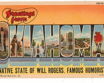 Linen Postcard, Greetings from OKLAHOMA, Will Rogers, Large Letter, 1958