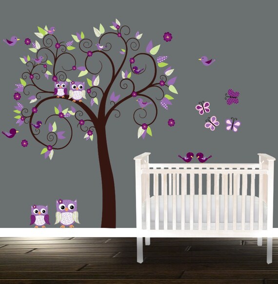 Girls Nursery Owl Wall Decal Purples Nursery Tree Birds Owls