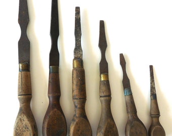 6 flathead screwdriver tools antique wood brass wood working gun machine turned vintage lot carpenter cabinet maker