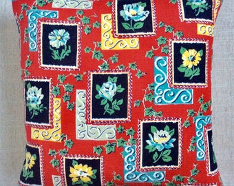 Vintage 1950s Barkcloth Fabric Cushion 40cm x 40cm