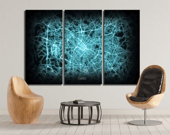 CHARLOTTE Map 3 Canvas Panel Charlotte North Carolina Night Lights Modul Map Oversized Horizontal Wall Art Map Modern Art Neon City Map NCM