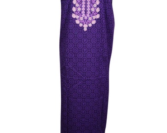 Beautiful Purple Long Caftan Dress Embroidered Neck Short Sleeves Resort Wear Nightgown Maxi Kaftan Dress L