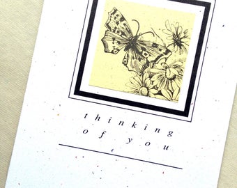 THINKING OF YOU butterfly greeting card blank inside recycled paper woodcut