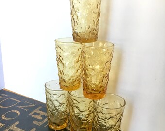 Set of Six (6) Vintage Lido / Milano Juice Glasses by Anchor Hocking in Honey Gold, 1960s, MCM, Boho, vintage kitchen, Crinkle glassware