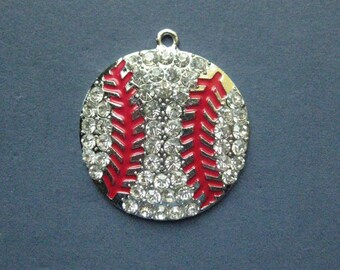 Large Baseball Charm - Baseball Pendant - Sports Charm - Softball Charm - Antique Silver and Rhinestones - 44mm x 39mm -- (No.71-11141)