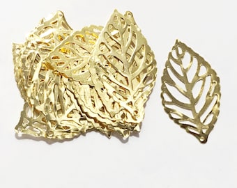 20 pcs gold tone stamp leaf 35x20mm, bulk gold leaves charm, leaf pendant