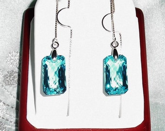 Natural 23 cts Sea Blue Topaz gemstones, sterling silver 2" threaders Pierced Earrings