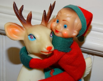 Atomic Rubber Reindeer with elf, gnome, pixie riding his back, Rudolph's Pals, Christmas Reindeer, Japan retro Mid Century Decor