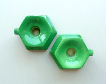 Pair of Vintage Green Candlesticks. Ceramic 1930s Hexagons