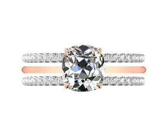 2.80 Carat Antique Cushion Harro Moissanite Solitaire Engagement Ring & Double Diamond Pave Stackable Bands Two Tone, Three Ring Bridal Set