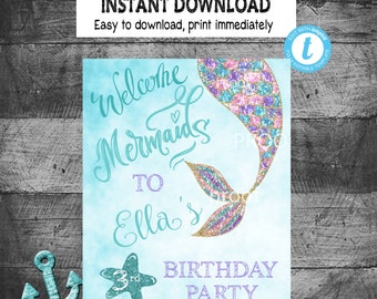 MERMAID Welcome Sign | Mermaid Party Sign | Digital Instant Download | Edit yourself | Mermaid Party Decoration