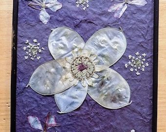 Pressed Flower Picture: 'Honesty''. Hand-made, unique pressed flower picture. Gift for her.