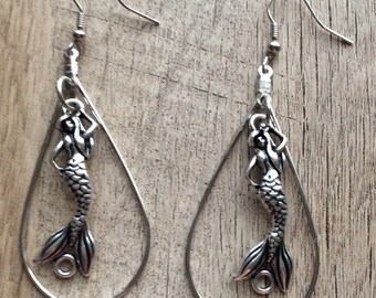 Mermaid earrings,mermaid jewelry,silver mermaid earrings,fish hook earrings,ear drop earrings,handmade gift for her,gift for women
