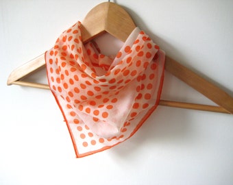 Vintage Scarf Hand Printed Scarf 1960 Retro White Orange Spots Scarf