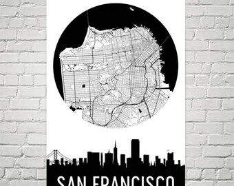 San Francisco Skyline, San Francisco Map, San Francisco Skyline Art, Canvas Art, City Map, San Francisco CA, California, Print, Poster