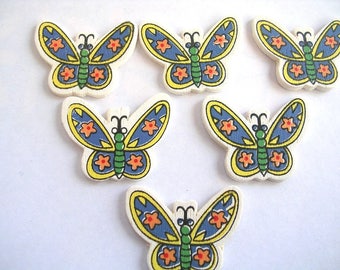 LOT 6 wood Motif APPLIQUES: 22 * 28 mm Blue/Yellow Butterfly