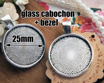 Vintage Silver Cabochon bezels bezel cups cameo bases kits with 25mm Clear Glass Cabochons Vintage jewelry making PTR25-A1233VS