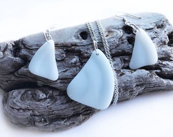 White Beach Glass Jewelry Set - 925 Sterling Silver - Sea Glass Drop Earrings - Sea Glass Pendant - Handmade Beach Glass Necklace