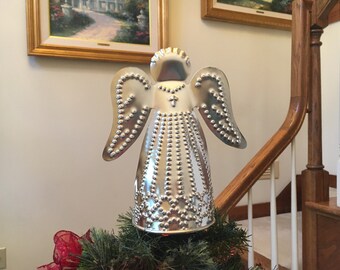 Angel Tree Topper 9 Inch Silver Metal Tin Punched Scallop Two Piece Hand Cut By West Tinworks