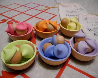 Back to School Set/ 18 Rainbow Sorting Pastel Acorns, 8 Pastel Rainbow Bowls & Tong, Educational Toy / Waldorf Wooden Toy / Montessori Toy