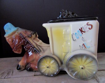 Donkey and Cart Cookie Jar, Vintage Cookie Jar with Donkey Pulling Cart, Cookies and Milk Cookie Jar, Vintage American Bisque Cookie Jar