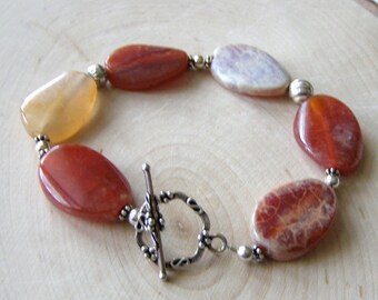 Agate Gemstone Bracelet, Bright Oval Stones, Sterling Silver Toggle Clasp, Autumn Color Beads, Unique Bracelet Gift for Her, Summer Jewelry