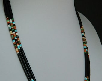 Native American Santo Domingo 3 Strand Turquoise Coral Jet Heishi Sterling Necklace Dorene Calabaza 18 - 22" SALE