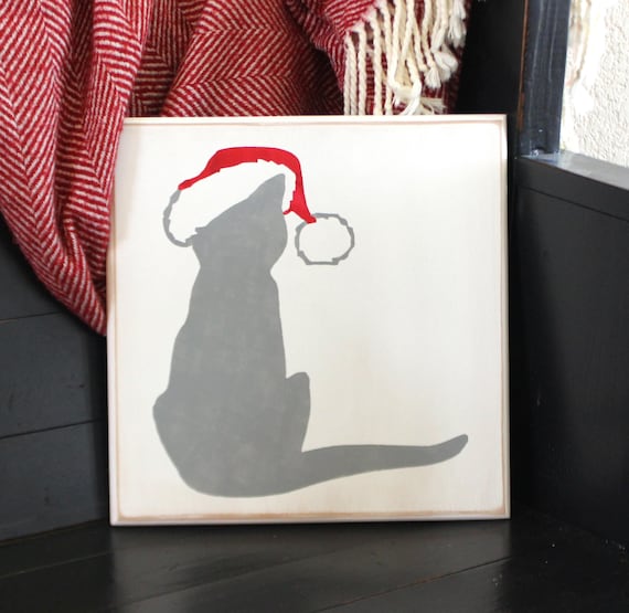 Christmas Kitty - Gray Kitty - Painted Wooden Sign - 12 x 12 - Santa Kitty - Christmas Cat - Gray Cat - Santa Cat - Hand Painted Sign
