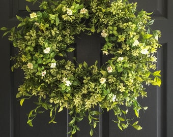 Boxwood Wreath with White Tea Leaf Flowers | Spring Wreaths | Front Door Wreaths | Summer Wreath | Farmhouse Wreath | Wall Decor