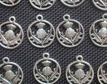10 Scottish Thistle Charms Silver Tone Metal 24mm