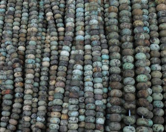Natural African Turquoise 8x5mm, 10x6mm, 12x8mm Matte Finish Center Drilled Rondelle Roundelle Beads 16" Strand