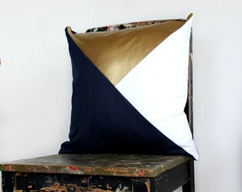 Geometric Navy Blue, White & Metallic Gold Pillow Cover, Geometric Cushion Cover, Navy White Gold, Decorative Throw Pillow, Accent Pillow