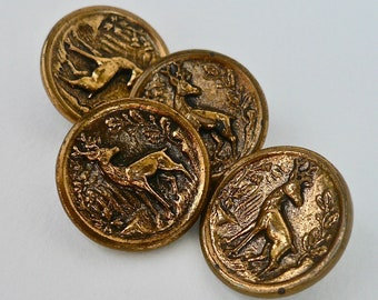 Metal Picture Button / Deer-Stag in Forest Looking His Left / Loop Shank / Set Of 4 / Vintage Sewing Supply