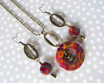 Fuschia, Orange, Gray and Brass Boho Necklace and Earrings (4361)