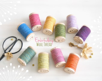 Wool Embroidery Thread - 100% Wool Thread - Rustic Wool Thread - Moire Wool Thread - Colorful Thread - Thread on a Wooden Spool - Colorful