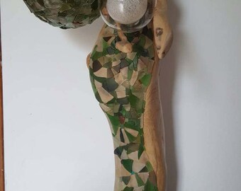 Sculpture en bois flotté,sculpture sur bois,art,décor bois flotté,sculpture lumineuse,verre de plage dépoli,art déco verre dépoli,moderne