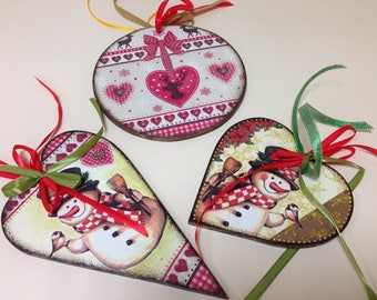 3 set Wooden Christmas Ornament. Wooden handmade Heart . Christmas ornaments. Handmade Christmas tree ornaments. Xmas decor