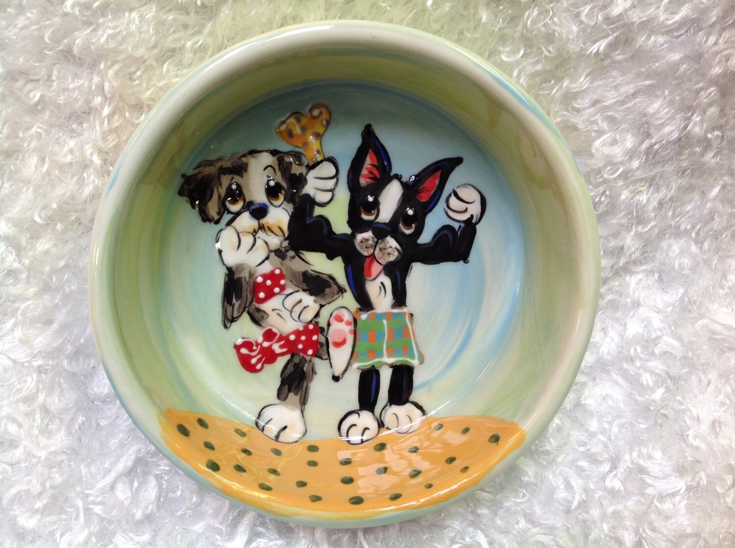 Boston Terrier Ceramic Dog Bowl signed by Debby Carman Faux