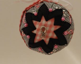 Pink, Black & White folded fabric handmade ornament with Ribbon of Hope