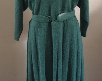Vintage Handmade 1940's Belted Knit Dress Green Bat Sleeves.