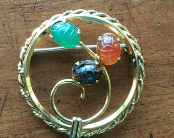 Vintage Carved Glass Scarab Flower Pin 1960's