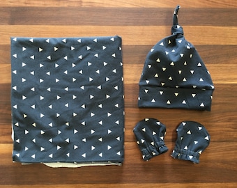 Baby Gift Set - Swaddle Blanket - Knot Hat - No Scratch Mits - Boy