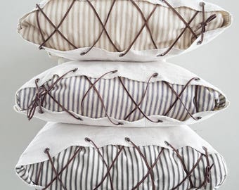 Ticking striped pillow cover, Farmhouse pillow cover, Farmhouse decor, Farmhouse pillow, Striped pillow, Pillow cover, Leather lace,