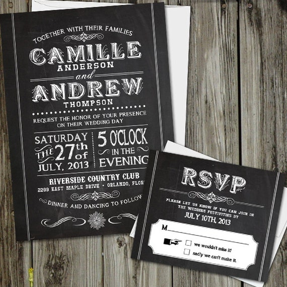 Chalkboard Wedding Invitations with RSVP card and White